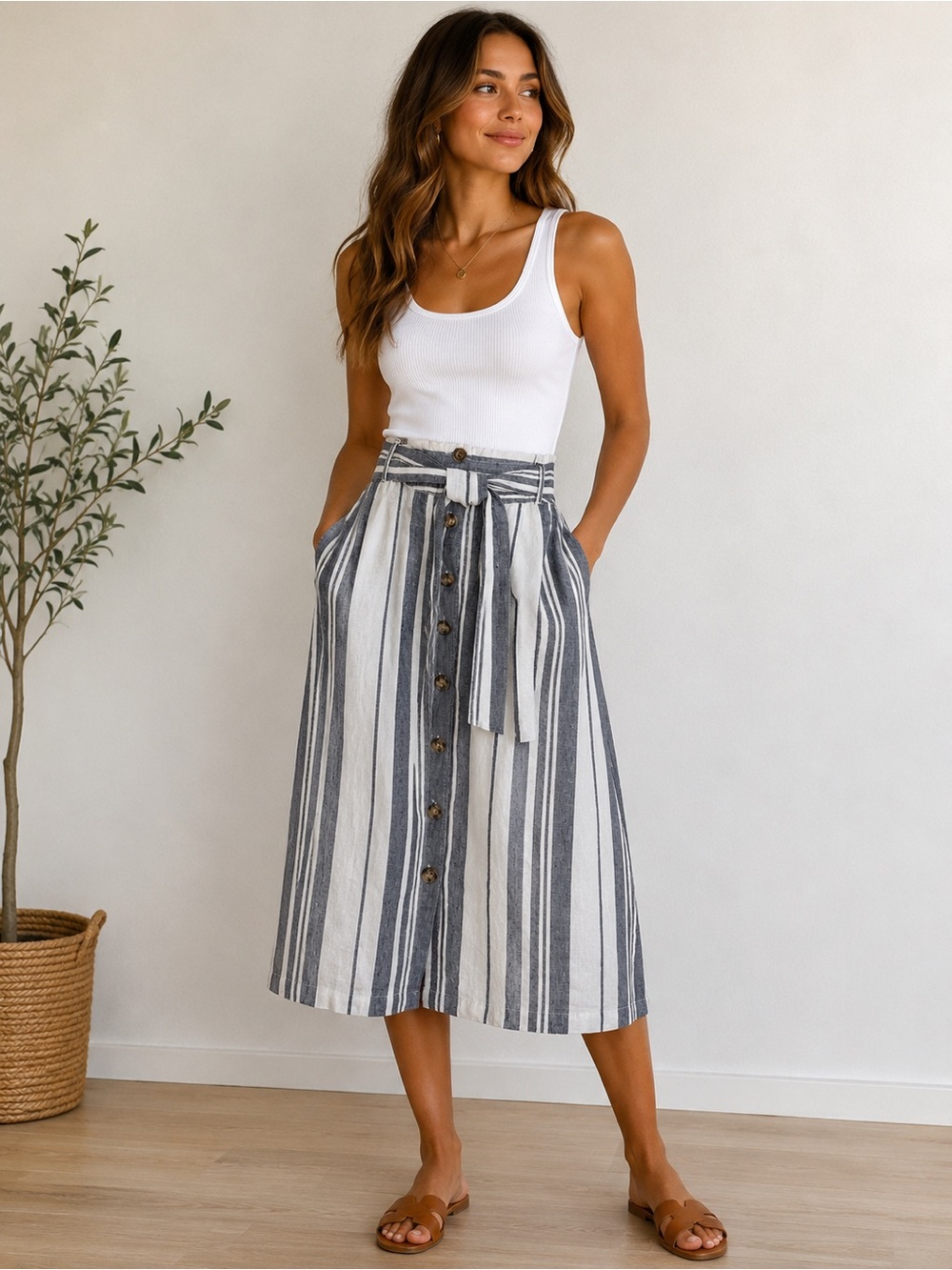 C&C California 100% Linen Blue White Striped Button Front Midi Skirt XS Resort